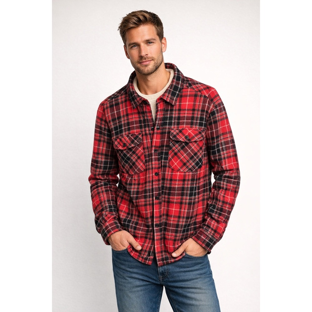 Oakwood Mountain Shirt Men's‎ Shacket Large Button-Up Plaid Flannel Sherpa Red